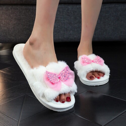 TEMU SHEIN plush big hit European and American wool plush bowknot cotton slippers for women's fluffy cotton slippers