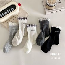 邦菲猫童袜女童黑白灰花边秋冬抗起球高品质卡通可爱品牌童袜