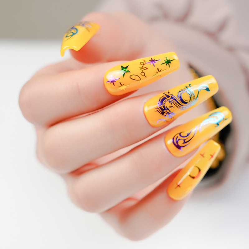 Joyas de manicuras láser fantasía serie de pegatinas de uñas de color dragón y phoenix de estilo chino colorido pegatinas de uñas de serpiente