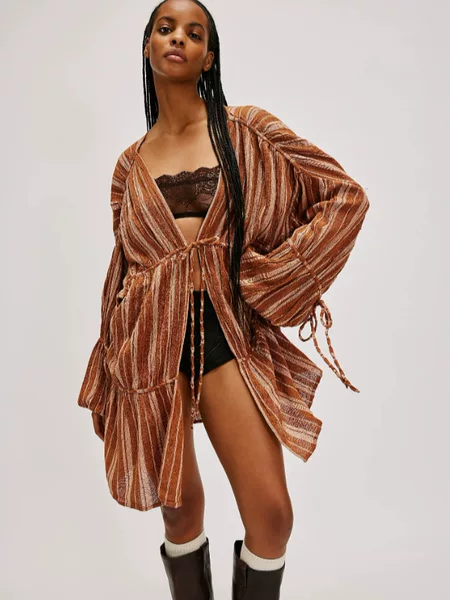 Amazon 2025 European and American Cross-border Women's New Lazy Style Lace-up Pleated Stitching Long Sleeve Shirt Beach Cardigan