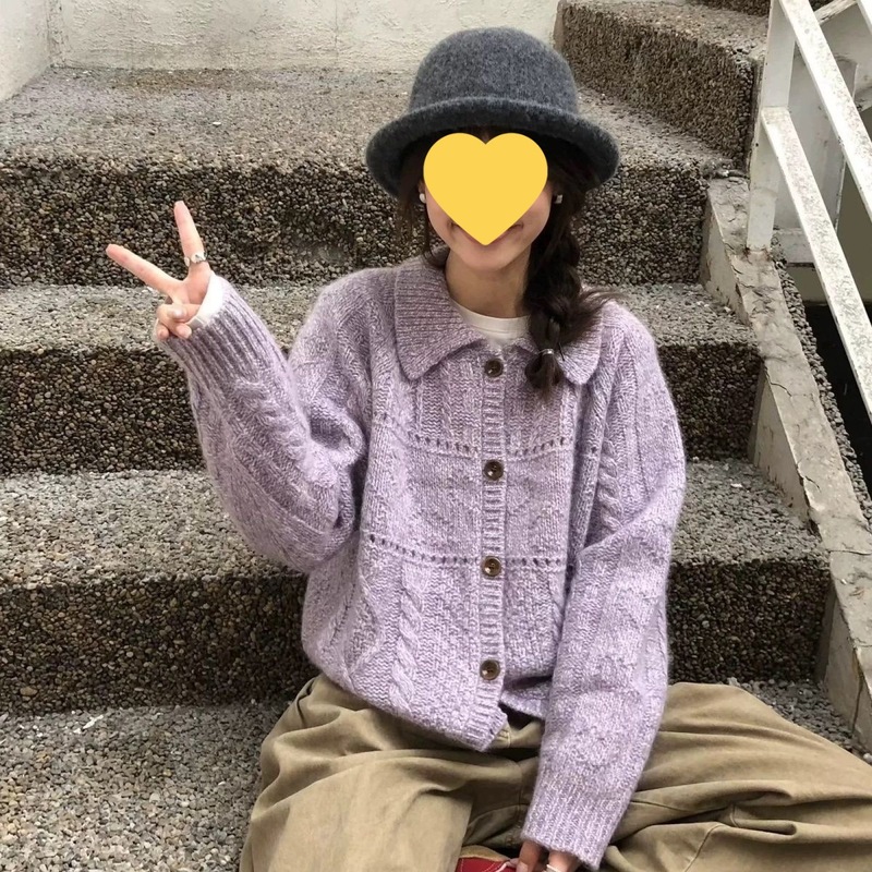 复古花线翻领针织开衫外套女秋冬季新款宽松百搭毛衣上衣厚蓝色|undefined