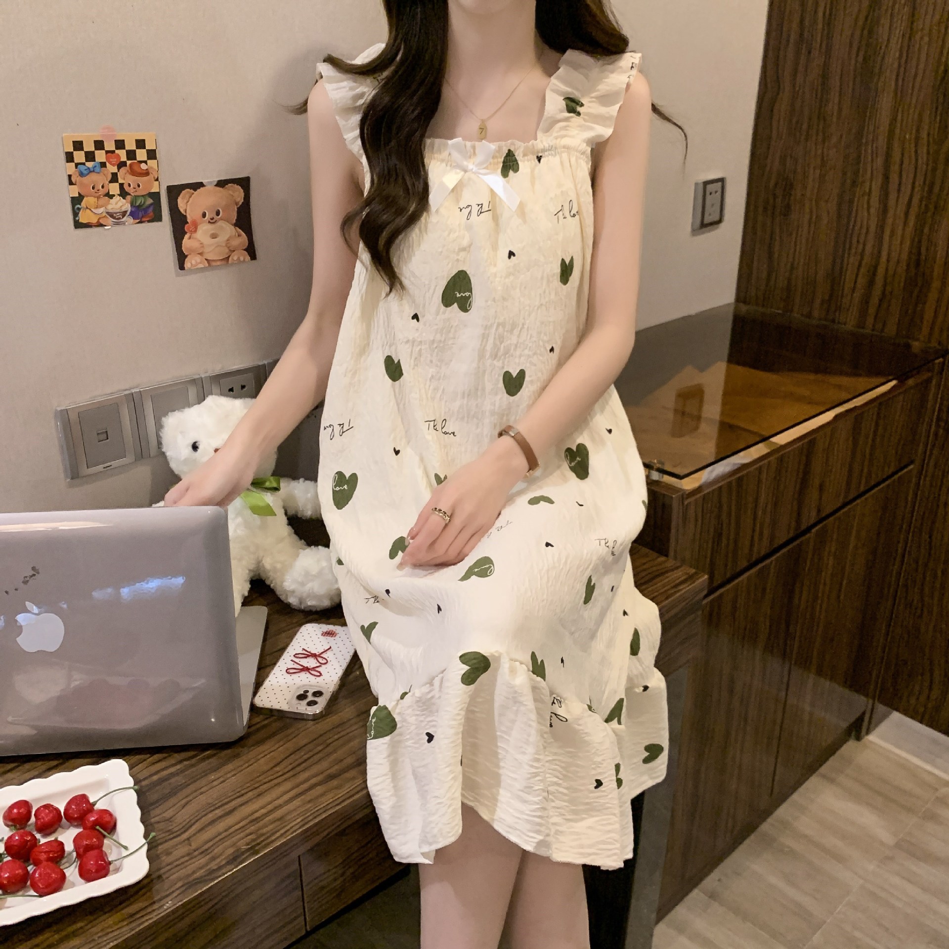 2025 pijama de cabina giratorio cojín de pecho nubes de algodón de verano dulce viento pijama delgado ropa para el hogar comercio exterior