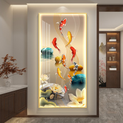 九魚図玄関装飾絵画ライト絵画鯉蓮絵画ハイエンドリビングルーム通路背景壁掛け絵画