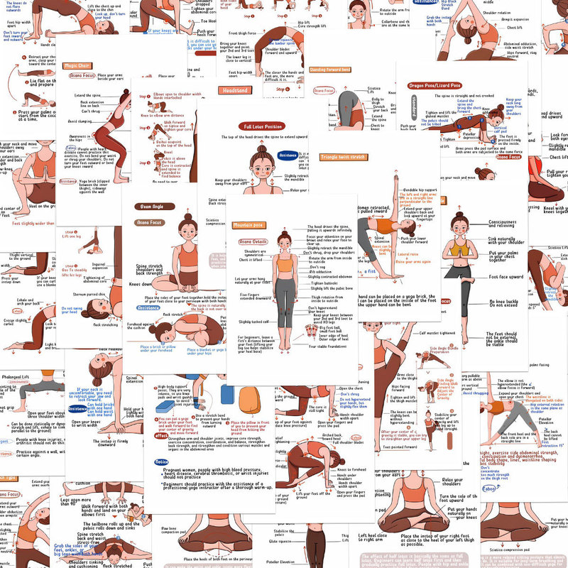 32 English Yoga Pose Stickers, Dance Basic Skills Exercise Journal, Body Shaping Decoration for Walls