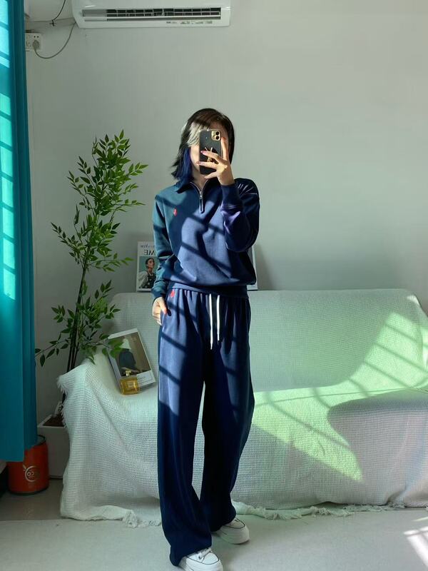 女性用秋スーツ、小さな刺繍入りハーフジップラペルスウェットシャツ、ウエストゴムストレートパンツ、カジュアルパンツ、ゆったり、スリムでトレンディ|undefined