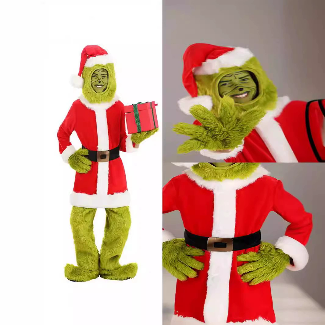2024 Хэллоуин взрывы зеленых волосатых монстров Greench cos костюм Санта Клаус с шерстяными брюками в качестве костюма