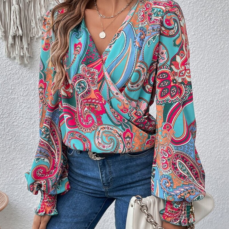 Elegant printed women's shirt with cross wrap and lantern sleeves, suitable for vacations, outings, daily commuting, and dates Elegant printed women's shirt with cross wrap and lantern sleeves, suitable for vacations, outings, daily commuting, and dates