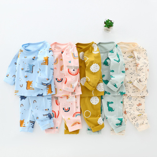 Spring and autumn children's autumn clothes and long-sleeved long-sleeved Lycra suits for middle and large children, round neck splits, home clothes for boys and girls