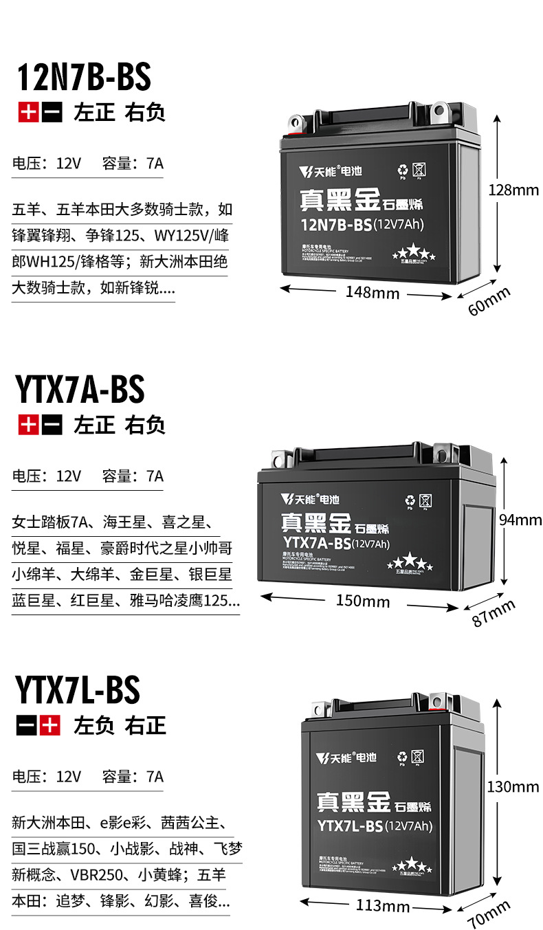 Tianneng Motorcycle Battery 12V Battery for 125 Scooter, Curved Beam Yamaha Suzuki Battery, Special True Black Gold