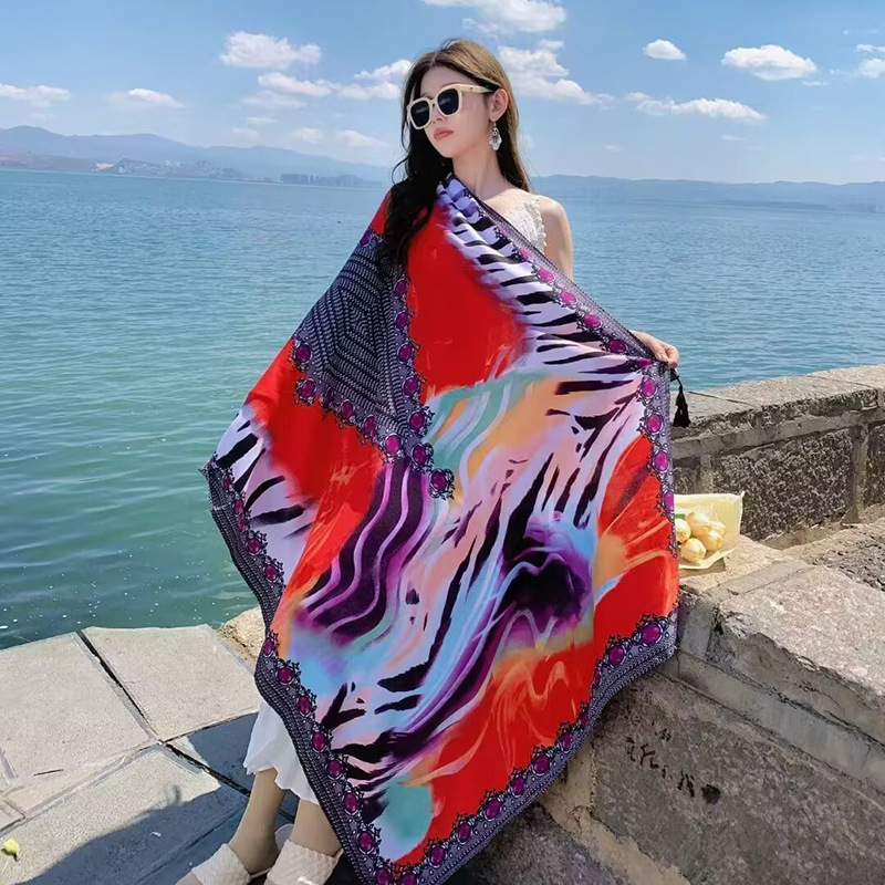 Sopa de satén de twill para mujeres 2025 bufandas de viento nacional de verano tibetanas bufandas de seda protector solar lago Qinghai turismo foto toalla de playa
