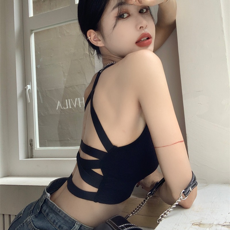 Hot Girl nightclub sexy belleza volver Cruz pequeña camisola mujeres pecho pad push up bottoming verano desgaste exterior tubo superior de punto