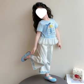 夏装女童套装2026新款小女孩衣服蕾丝花边儿童短袖T恤长裤两件套