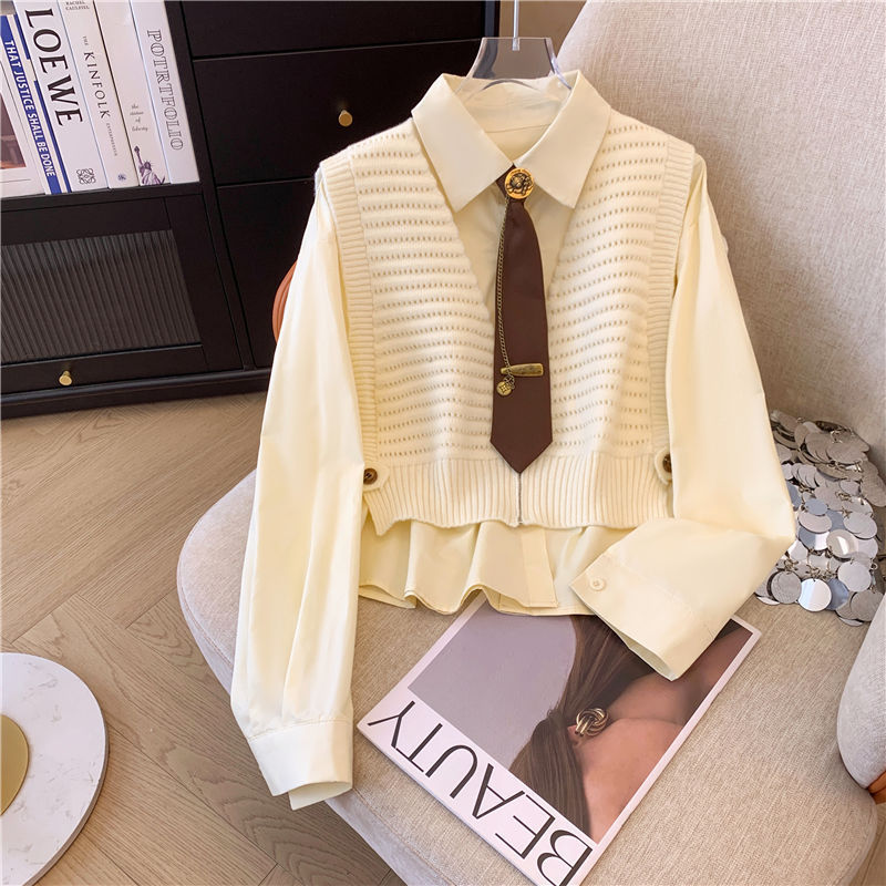 College Style Age-Reducing Zipper Knitted Vest Vest Top Suit Women's Spring & Fall Layered Shirt Tie Short Jacket