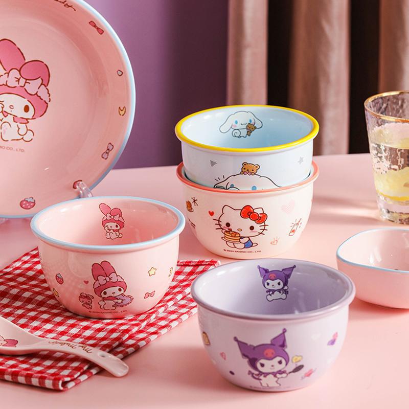 Genuine Ceramic Bowl Household Eating Bowl Rice Bowl Chopsticks Spoon Plate Hello Kitty Children's Cute Cartoon Tableware
