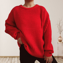 2025跨境亚马逊休闲宽松加大竖条纹针织圆领长袖套头衫打底毛衣女