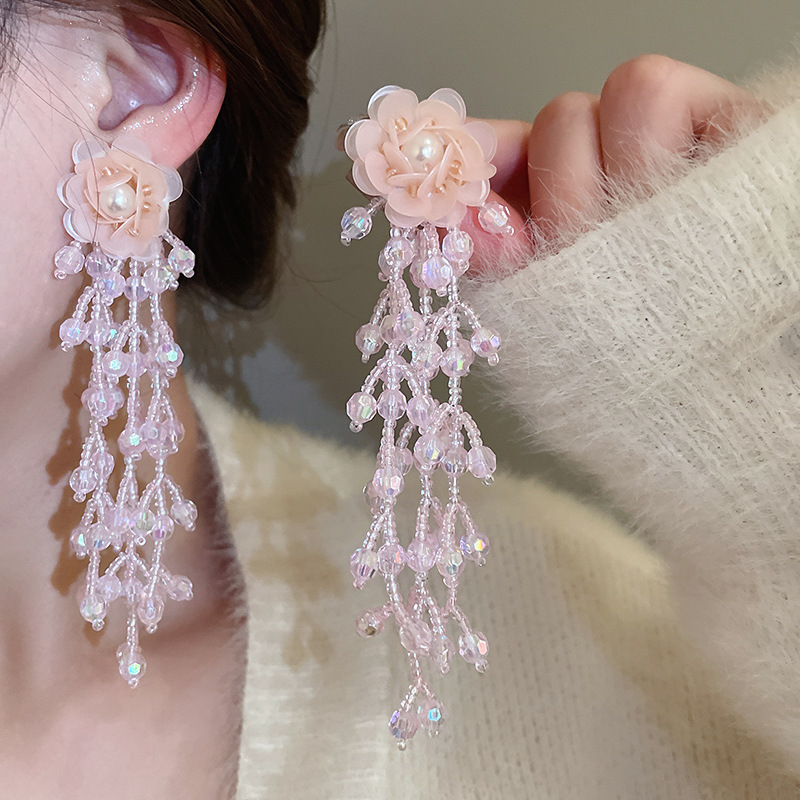 Pendientes de borla de cristal de hilo de malla de pétalo de aguja de plata Pendientes de estilo de vacaciones de playa dulce rosa Pendientes de moda de temperamento Mujer