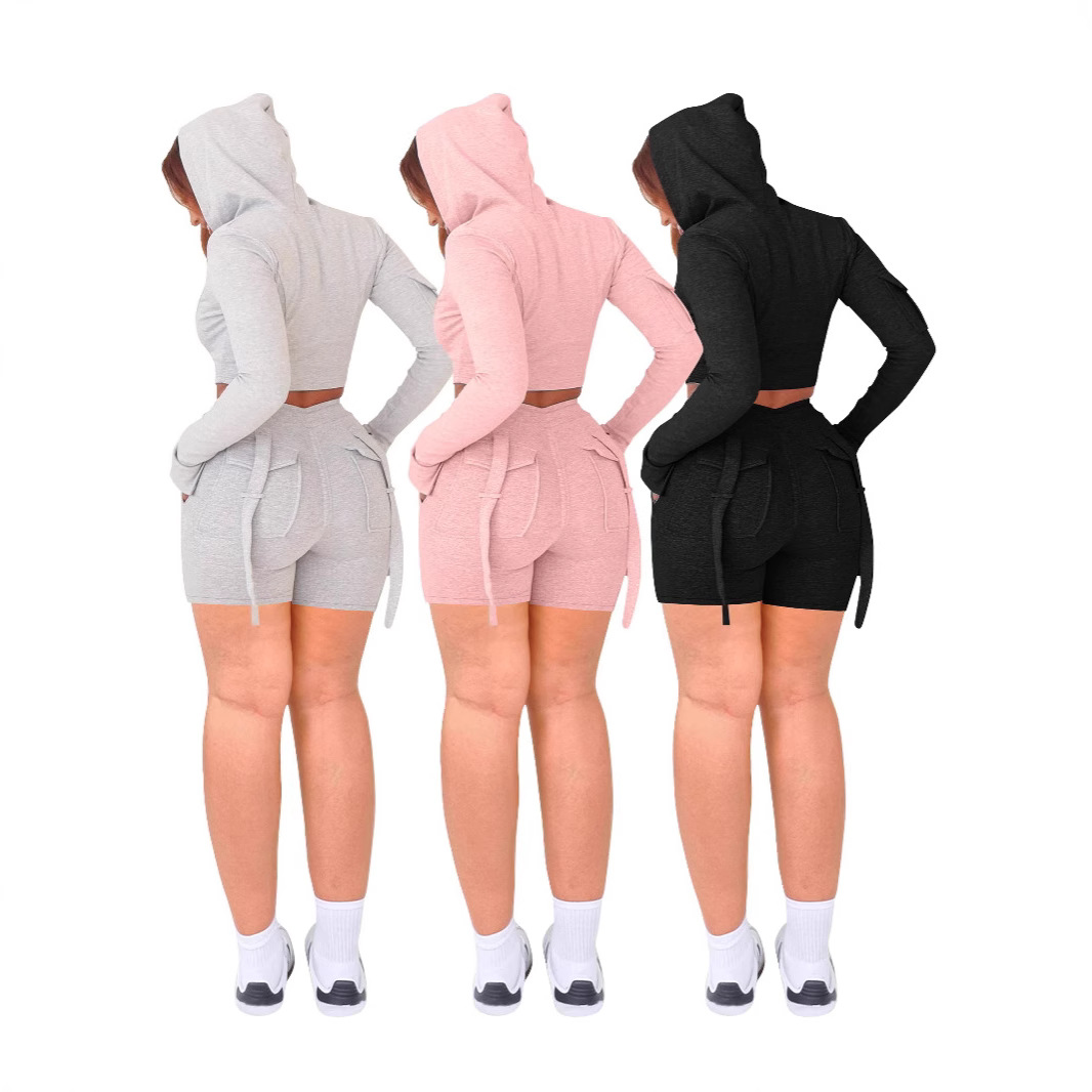 A5393 European and American Women's Cross-border Amazon Explosions Revision Casual Tight Pocket Workwear Sports Shorts suit