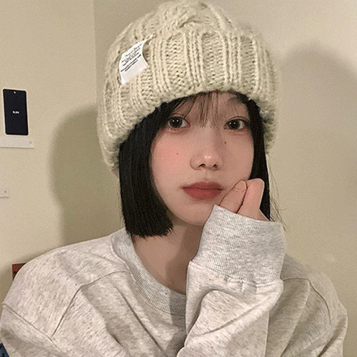 韩版纯色女学生秋冬季百搭麻花针织保暖堆堆帽适合圆脸的毛线帽子