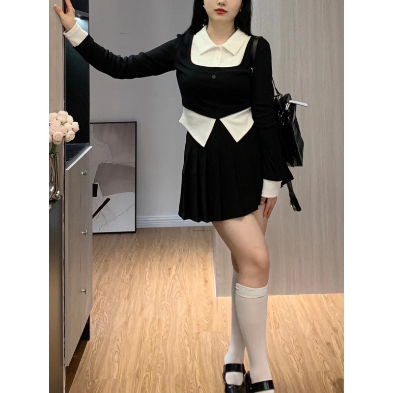 (2개) 대형 여성 의류 2023 봄 아카데미 스타일 컬러 블록 탑 가짜 투피스 탑 셔츠 여성용 통통한 주름 치마 세트