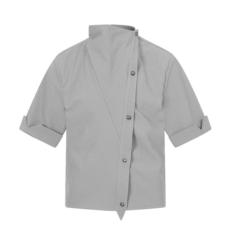 European and American High Street Men's Shirts, Men's High-Neck Diagonal Button Solid Color Short-Sleeve Trendy Brand Loose New Style Casual Tops for Boys European and American High Street Men's Shirts, Men's High-Neck Diagonal Button Solid Color Short-Sleeve Trendy Brand Loose New Style Casual Tops for Boys