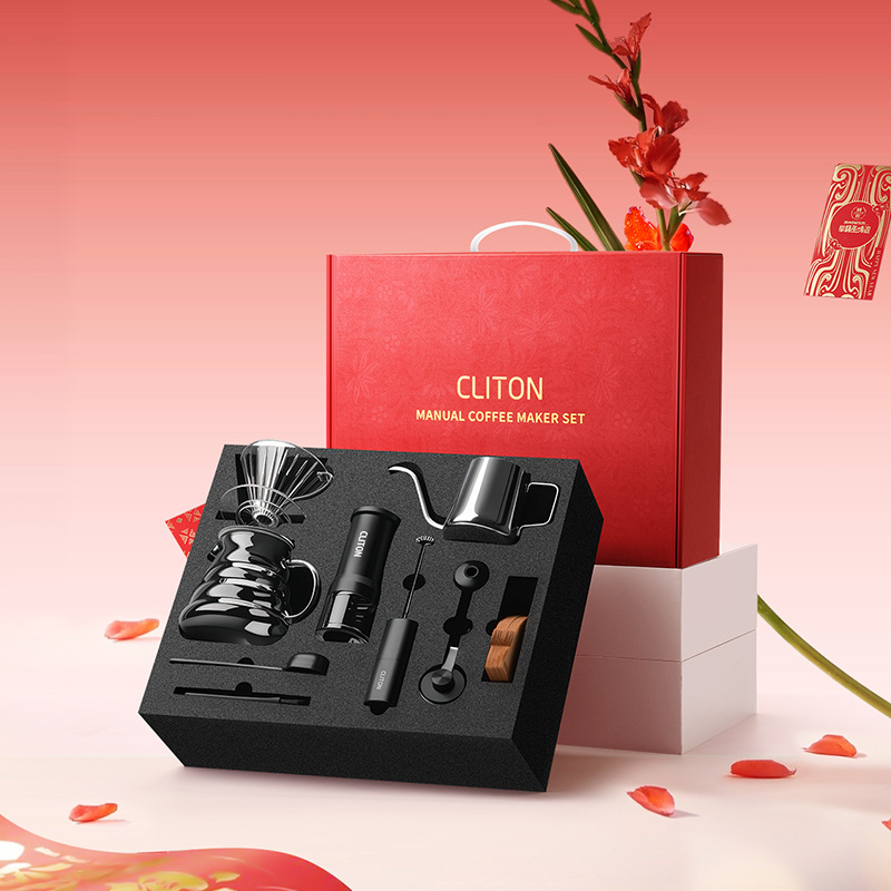 Kit de cafetera de lavado de mano molino de mano máquina de café instrumento de molienda manual entrada portátil combinación al aire libre conjunto completo de caja de regalo