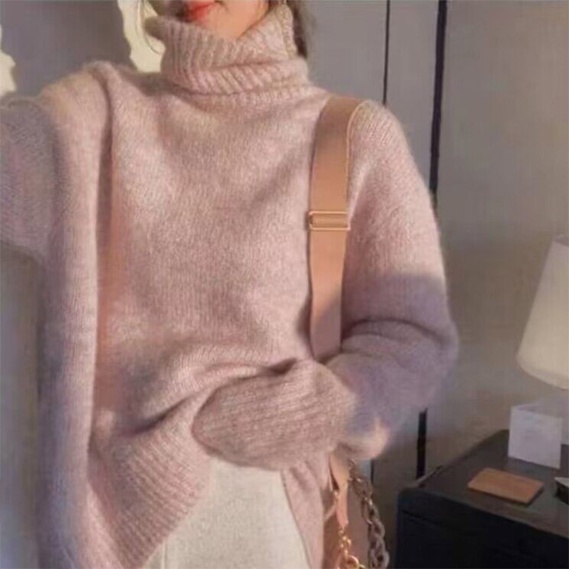 2025 New Autumn and Winter Mohair Turtleneck Sweater for Women, Sweet and Lazy Style Pure Color Pullover Knitted Top for Women to Wear Outside