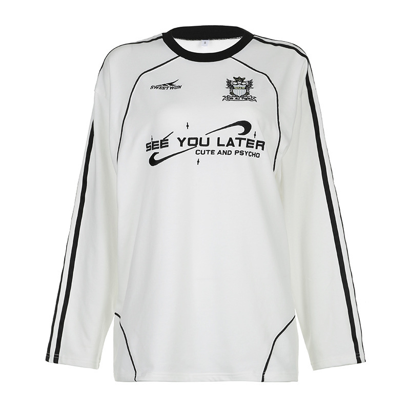 Felpa casual in stile americano con scollo rotondo e stampa di lettere, a blocchi di colore, vestibilità ampia, da donna, semplice da indossare durante il tragitto casa-lavoro_voghion.com