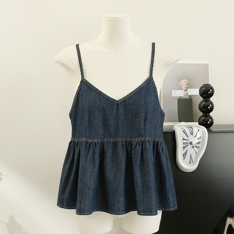 Loose Pleated Short V-neck Denim Strap Hem Design Ruffled Hot Girl Stackable Vest for Women