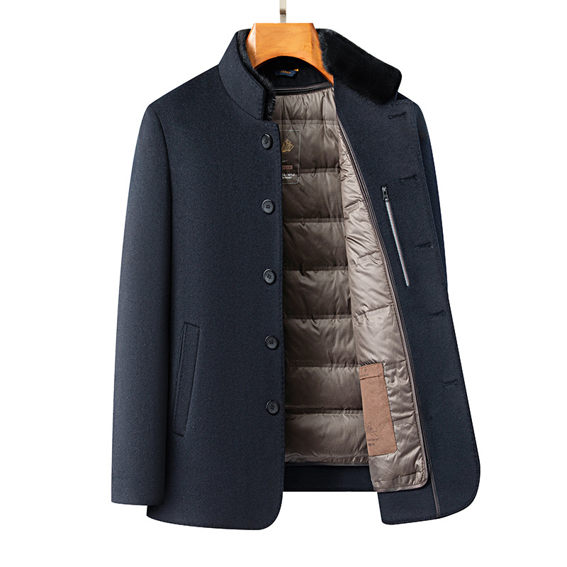 冬季新男式双面呢中长款可脱卸水貂毛领羽绒内胆羊毛呢子大衣男装