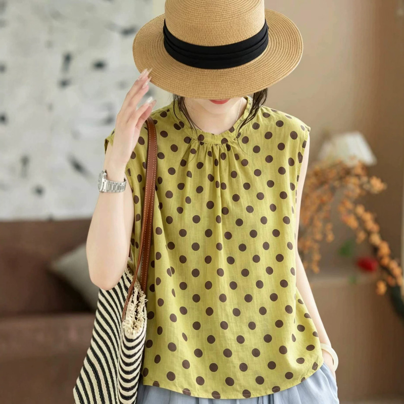 2026 Summer New Style Simple Polka Dot Print Vintage Ramie Shirt Loose Round Neck Pullover Inner Top for Women