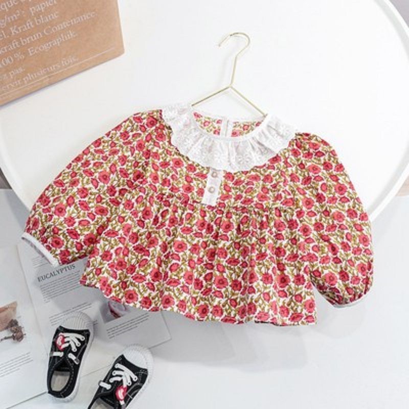 Camisa para niñas 2022 Primavera y otoño Nuevo estilo coreano solapa cuello redondo color sólido bordado color sólido estilo occidental manga larga camisa para niños