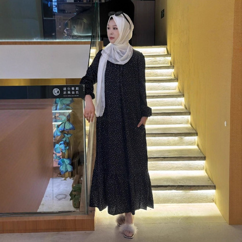 New Style Fashion Round Neck Bubble Sleeve Irregular Small Polka Dot Belted Pouch Hem Pleated Edge Dress