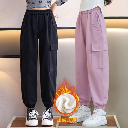Girls 'overalls autumn and winter velvet sweatpants with leg straps for girls' middle and older children's straight loose casual pants