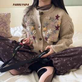 女童秋季毛衣开衫韩版2025花朵新款洋气手工儿童钩花针织外套现货