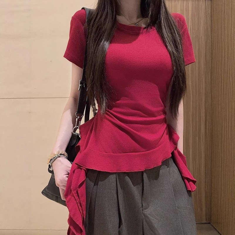 Designed Waist-Cinching Short-Sleeved T-Shirt for Women, New Summer Style, Slim Fit, Figure-Flattering, Pure Desire Style, Hot Girl Pure Color Top Designed Waist-Cinching Short-Sleeved T-Shirt for Women, New Summer Style, Slim Fit, Figure-Flattering, Pure Desire Style, Hot Girl Pure Color Top