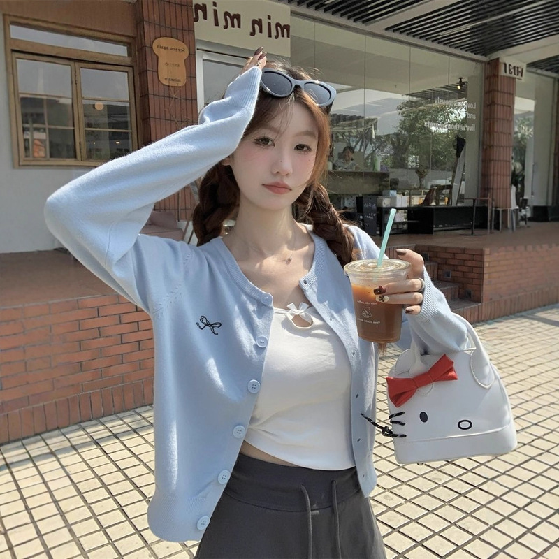 Korean Style Embroidered Bow Round Neck Sweater Women's Cardigan Spring New Early Autumn Soft and Waxy Foreign Style Outer Knitted Top