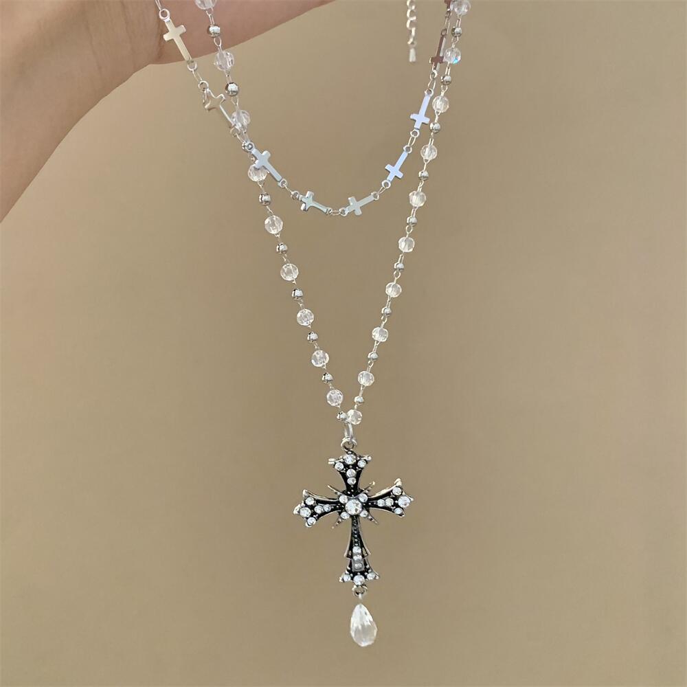 甜酷少女暗黑十字架吊坠双层叠戴项链女小众个性气质百搭锁骨链