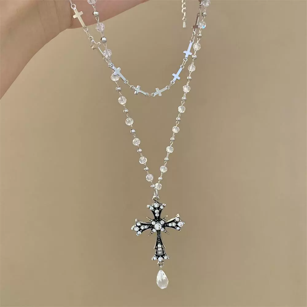 甜酷少女暗黑十字架吊坠双层叠戴项链女小众个性气质百搭锁骨链