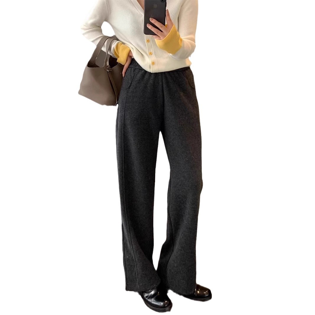 블루 헤링본 울에서  캐주얼 올 매치 탄성 허리 드레이프 와이드 레그 바지 모직 바지 여성 바지