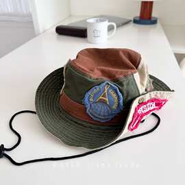 个性潮酷贴布撞色水洗复古渔夫帽男女户外出游徒步登山帽遮阳盆帽
