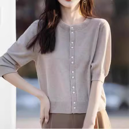 2024 Spring New Short-sleeved Cardigan Women's Round Neck Thin Sweater Jacket Loose Slimming All-match Knitted Base Shirt