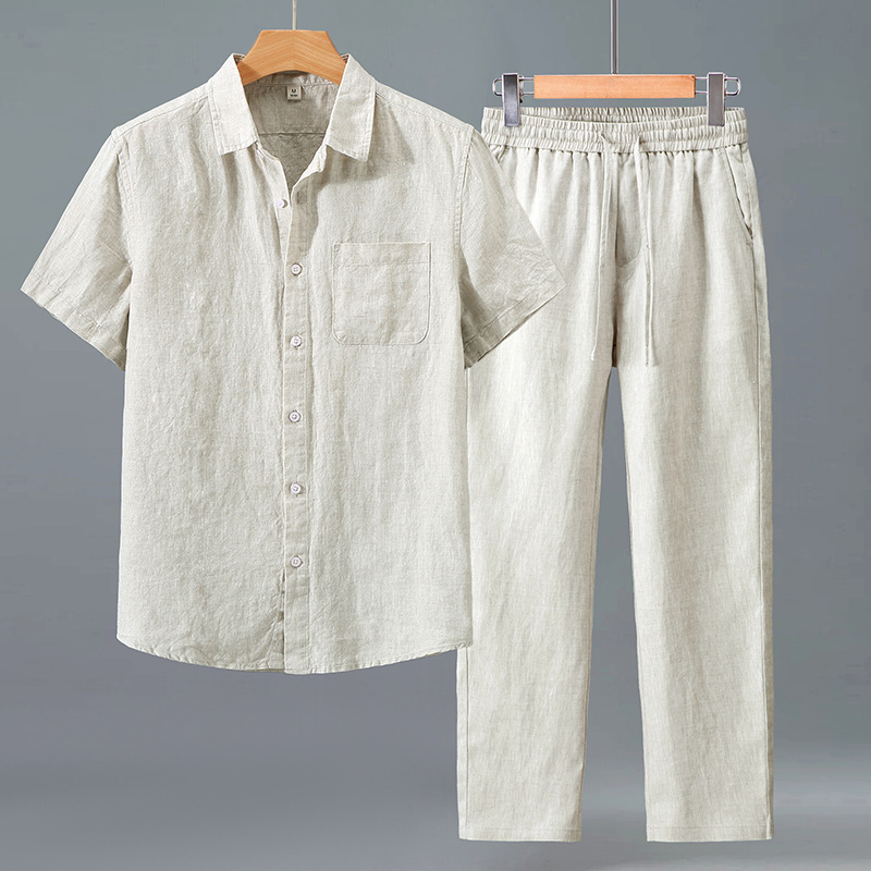 923+3047 Linen Shirt Men's Short-Sleeved Summer Thin Linen Chinese Style Retro Casual Chinese Style Linen Suit