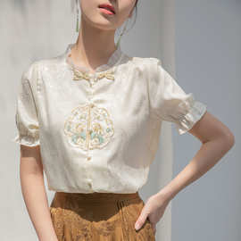 2024实拍新款白色新中式女装轻国风短袖上衣女夏季仿真丝衬衫