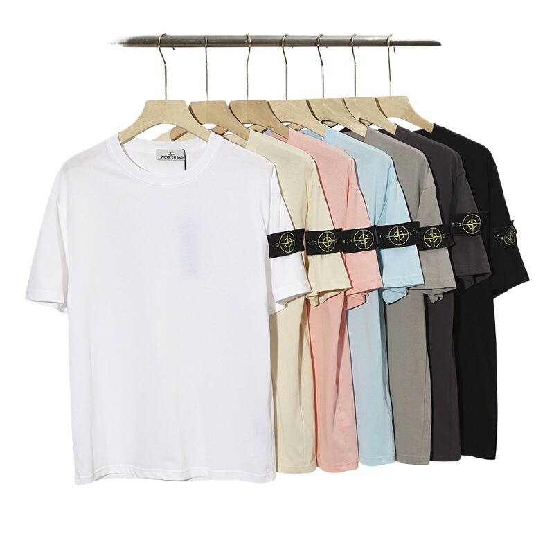 Cross-Border Stone Stone Short-Sleeve T-Shirt with Badge Logo, Loose Round Neck Couple's Base Shirt, Pure Cotton Breathable