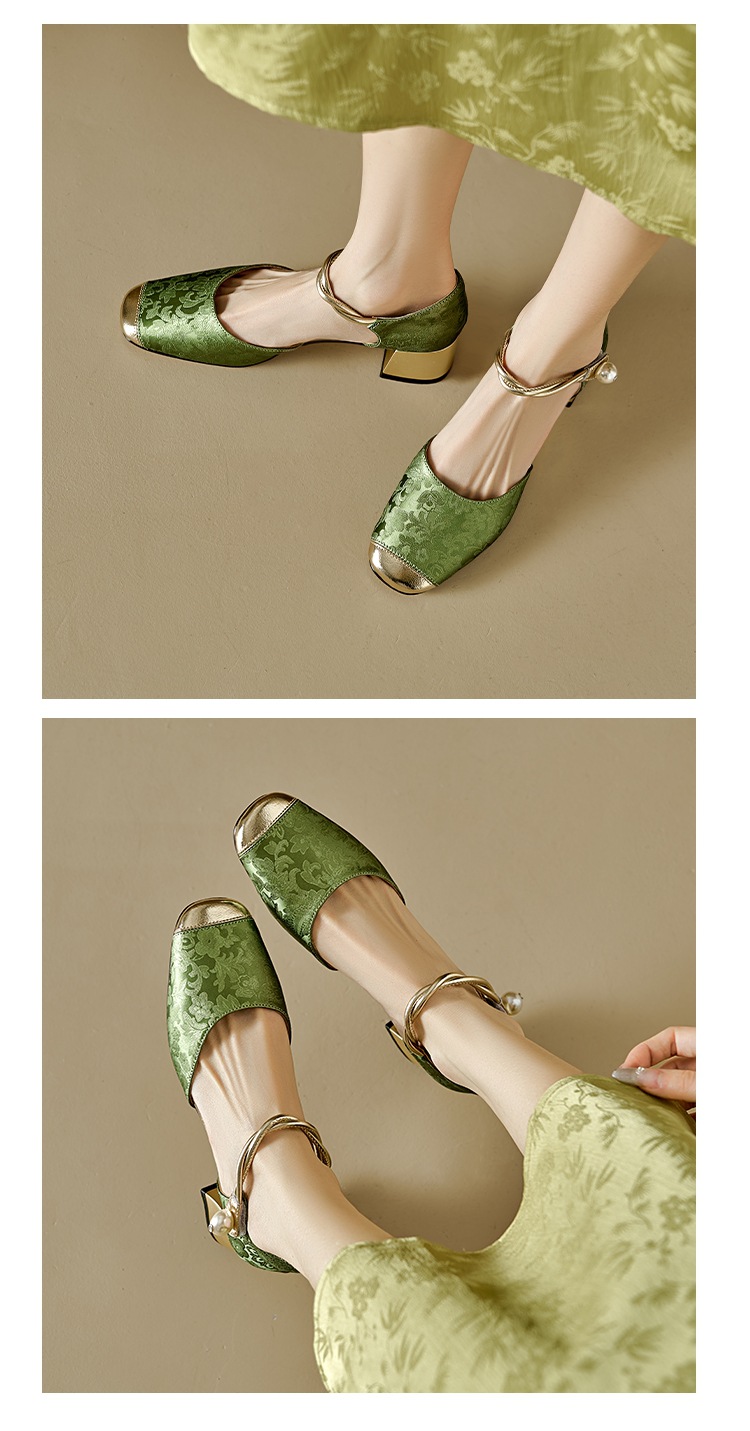 Sandal cao gót nữ bít mũi da bò phong cách Trung Hoa mới, quai ngang một dây, gót vuông ổn định — Màu xanh lá chi tiết 9