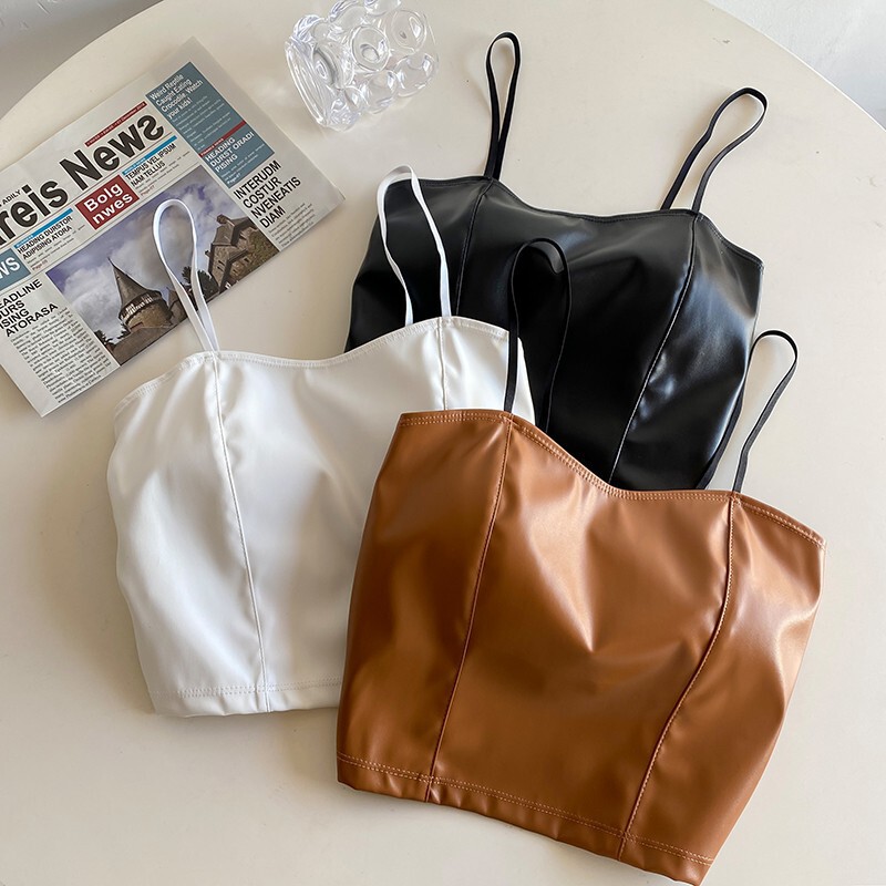 Popular Hong Kong style retro leather camisole women's slim fit short fixed cup chest pad outer wear bottoming top Popular Hong Kong style retro leather camisole women's slim fit short fixed cup chest pad outer wear bottoming top