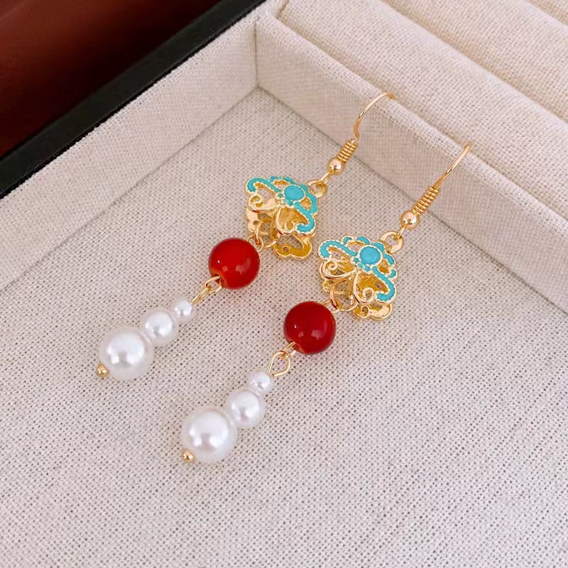 Длинное жемчужное кимоно Hanfu с ретро серьгами, золото 14k, украшение для женщин