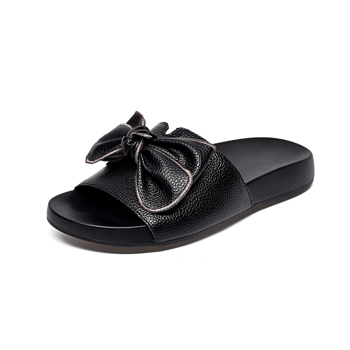 Dép sandal nữ quai ngang nơ da thật đế bệt mũi hở — đen