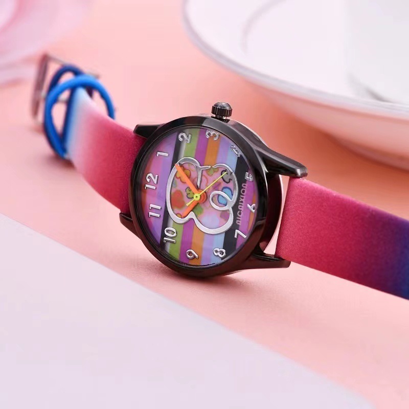 Selected  Trendy Cute Rainbow Belt Women's Watch Minimalist Little Bear Digital Student Watch Casual Personality Black Shell Women's Watch_voghion.com