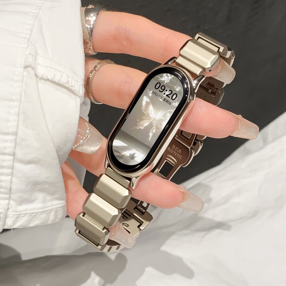 Suitable for Xiaomi Mi Band 9/10 Generation Sugar Cube Strap Xiaomi 9Pro Metal Women's Butterfly Buckle Mi 8Pro Watch Strap